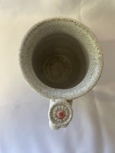 Load image into Gallery viewer, A Mug:  ( Small White Ceramic Tea Mug on Speckled Clay with a Flower Thumb Rest)