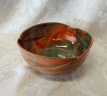 Load image into Gallery viewer, Large Bowl: (Orange, Green, and White Ceramic Bowl with Three Scalloped Edges on Speckled Clay)