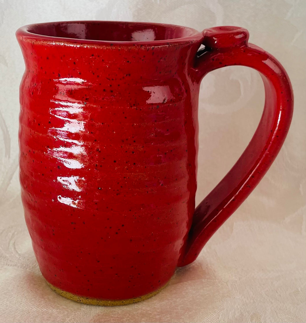 A Mug:  (Red on Speckled Clay with a Heart Thumb Rest #2)