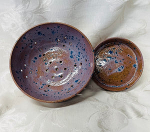 Berry Bowl/Colander:  (Large Brownish-Purple with Blue Spots and a Bottom Plate)