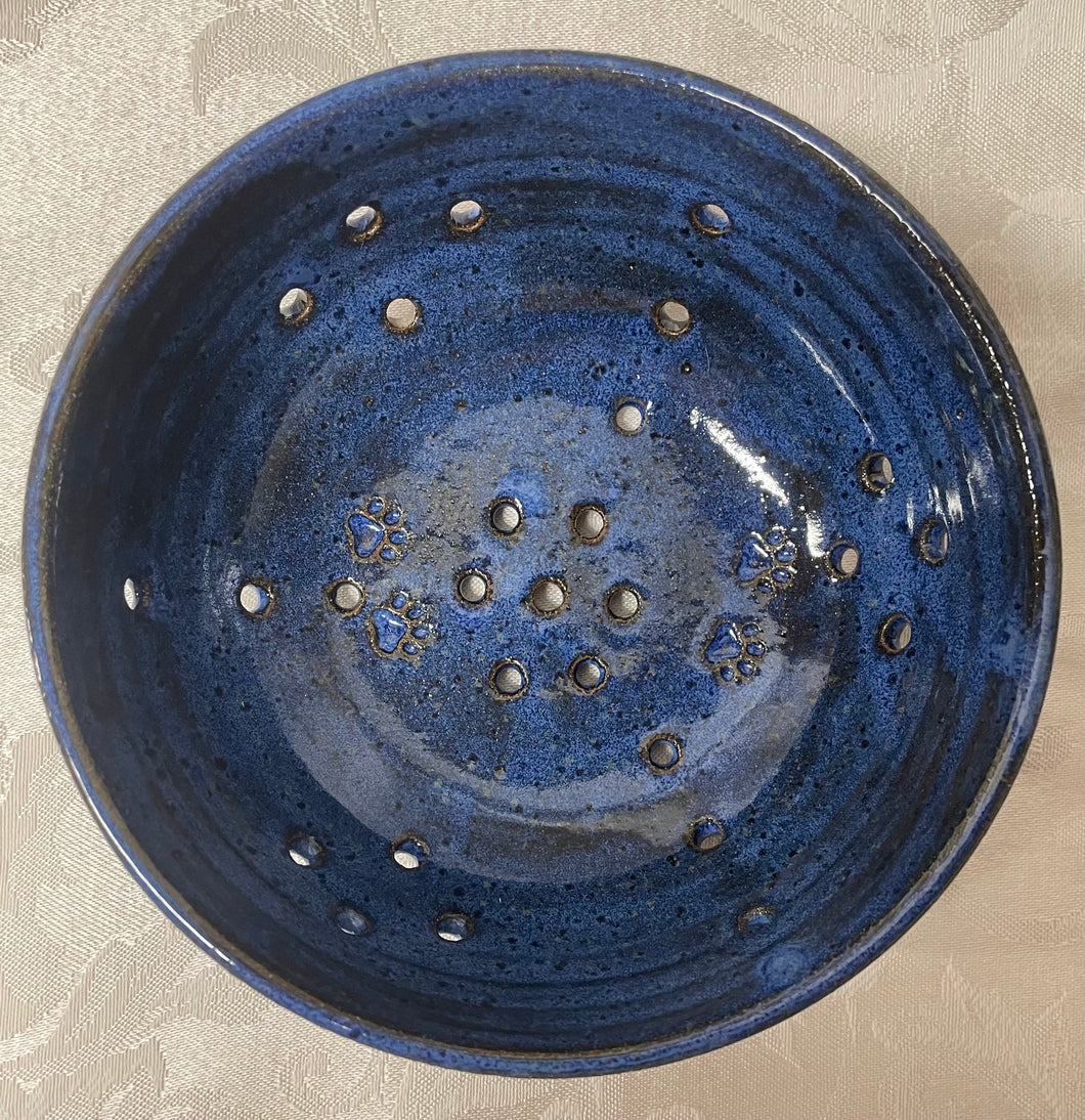 Berry Bowl/Colander:  (Navy Blue/Black on Speckled Clay with Four Paw Prints)
