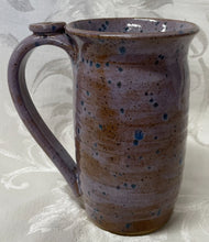 Load image into Gallery viewer, A Mug:  (Brown/Purple with Blue Spots and a Flower Thumb Rest)
