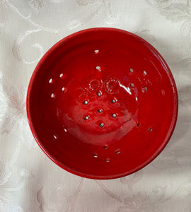 Berry Bowl/Colander:  (Red on Speckled Clay with Three Flowers)