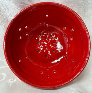 Berry Bowl/Colander:  (Red on Speckled Clay with Three Flowers)