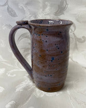 Load image into Gallery viewer, A Mug:  (Brown/Purple with Blue Spots and a Flower Thumb Rest)
