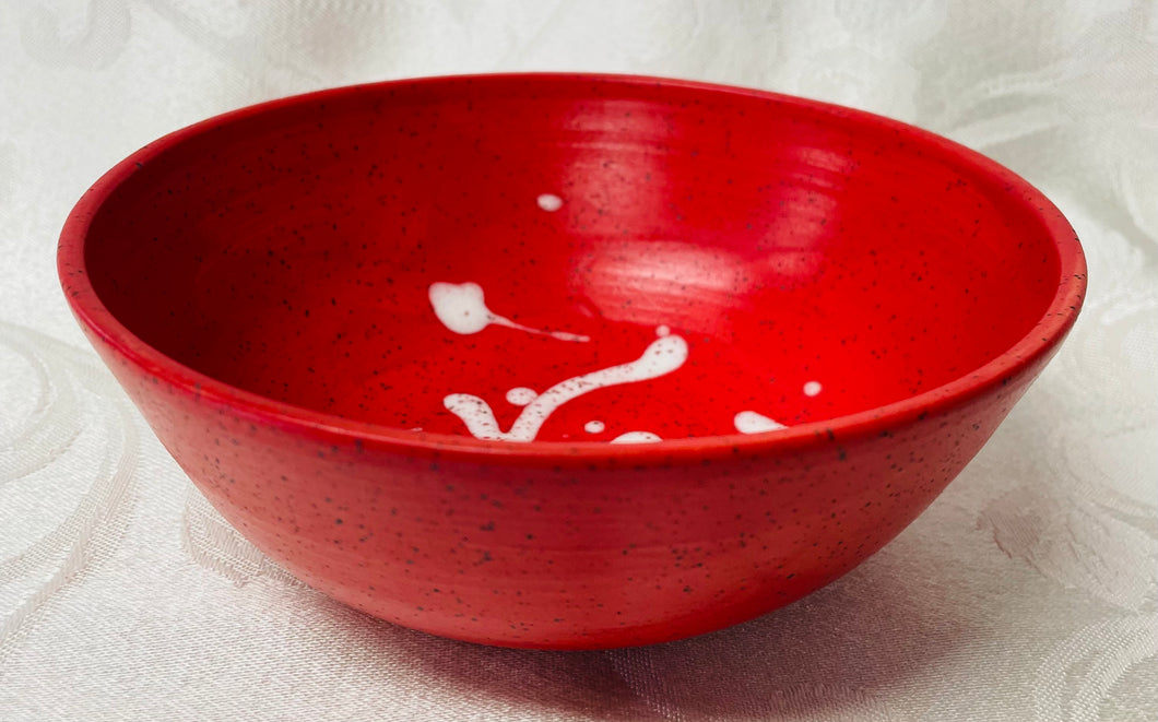 Medium Bowl:  (Matt Red on Speckled Clay with White Accents)