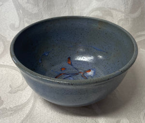 Medium Bowl:  (Bluish-Gray Speckled with Orange, White, and Blue Accents)