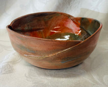 Load image into Gallery viewer, Large Bowl:  (Orange, White, and Green Ceramic Bowl with Three Scalloped Edges on Speckled Clay)
