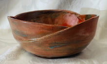 Load image into Gallery viewer, Large Bowl:  (Orange, White, and Green Ceramic Bowl with Three Scalloped Edges on Speckled Clay)
