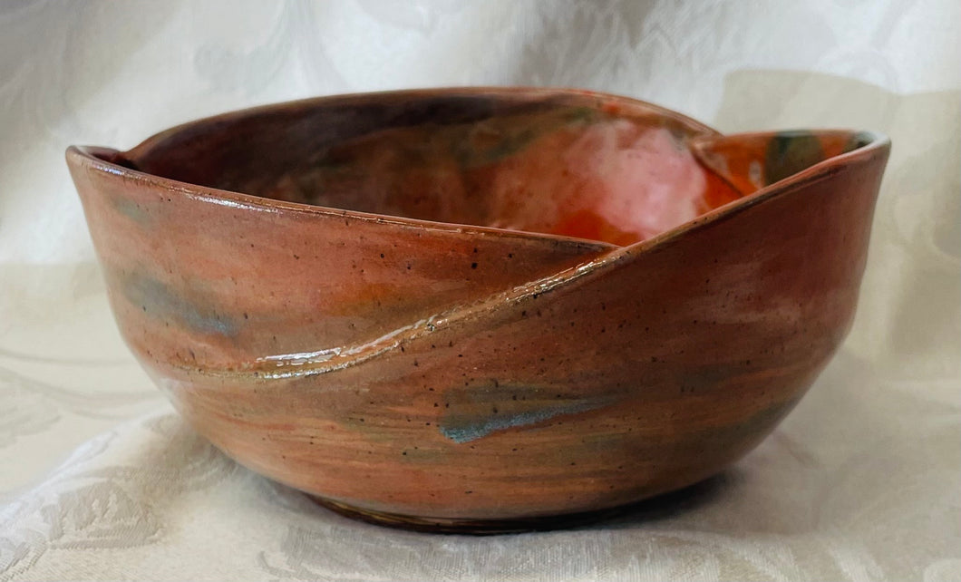 Large Bowl:  (Orange, White, and Green Ceramic Bowl with Three Scalloped Edges on Speckled Clay)