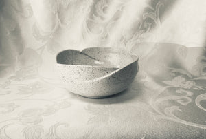 Large Bowl:  (White Ceramic Bowl on Speckled Clay  with Four Scalloped Edges)