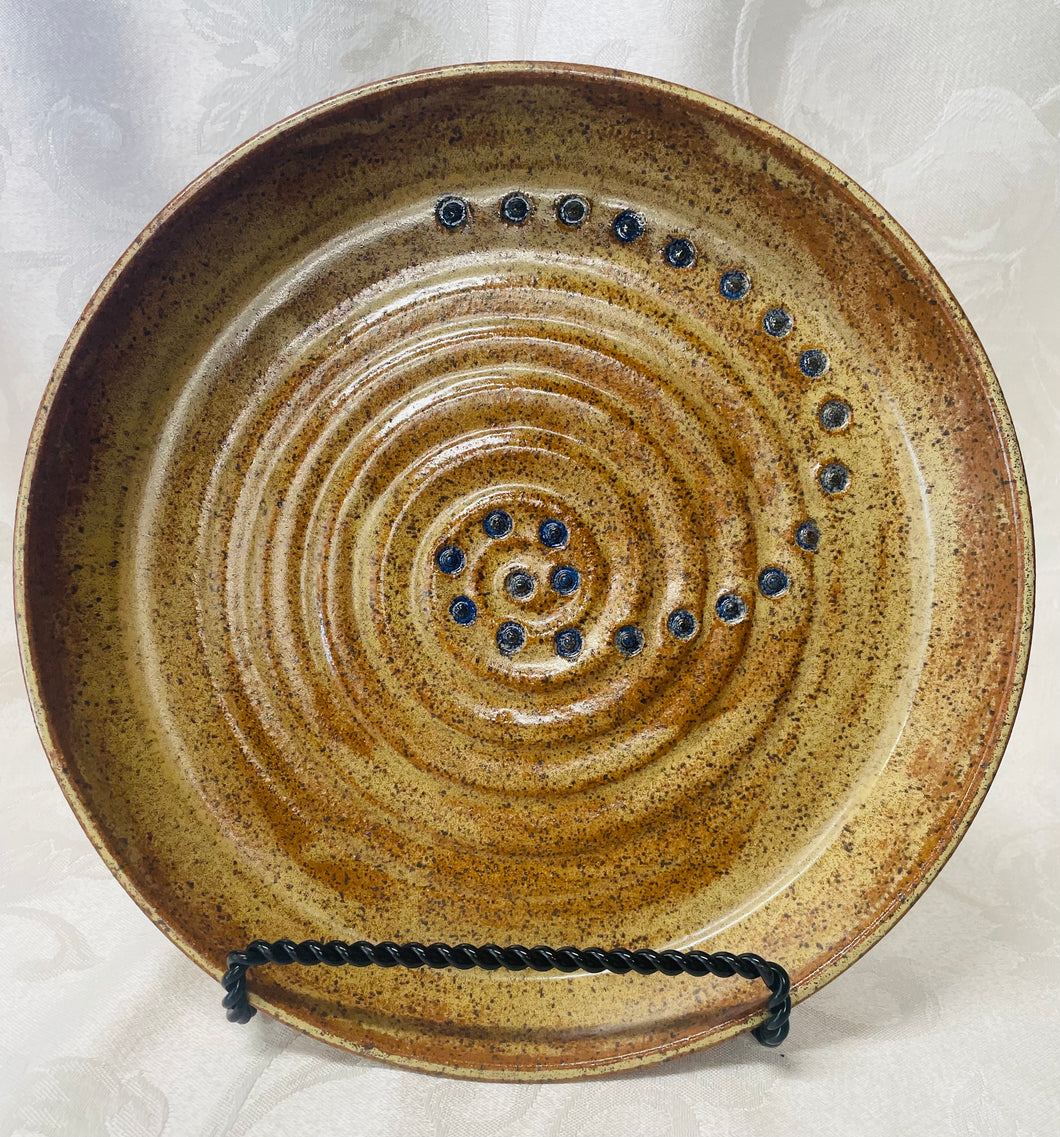 Platter:  (Brown-Beige Unique Ceramic Platter with Blue Dot Design)