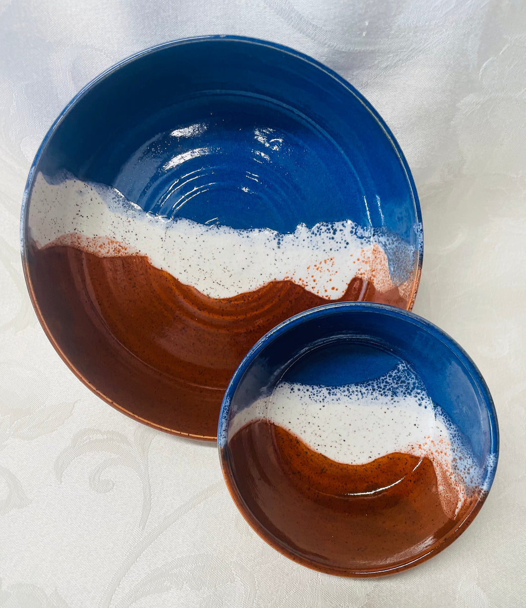 Bowl Set:  (Azure Blue, Orange, and White Ceramic Set on Speckled Clay)