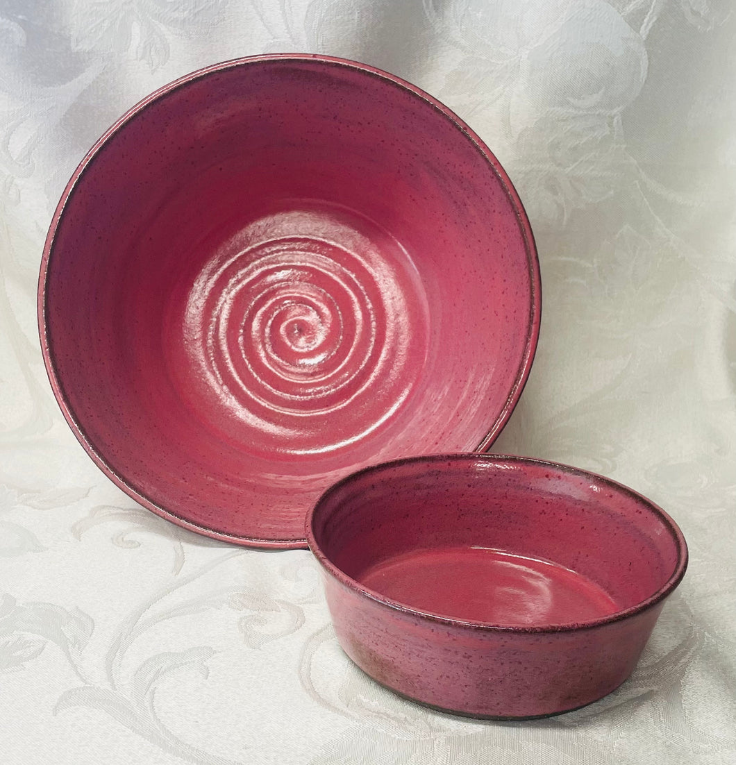 Bowl Set:  (Large and Small Ceramic Bowls: Bright Pink on Black Clay)