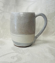 Load image into Gallery viewer, A Mug:  (White Ceramic Mug on Tri-Colored Clay with a Leaf Stamp on the Handle Bottom)
